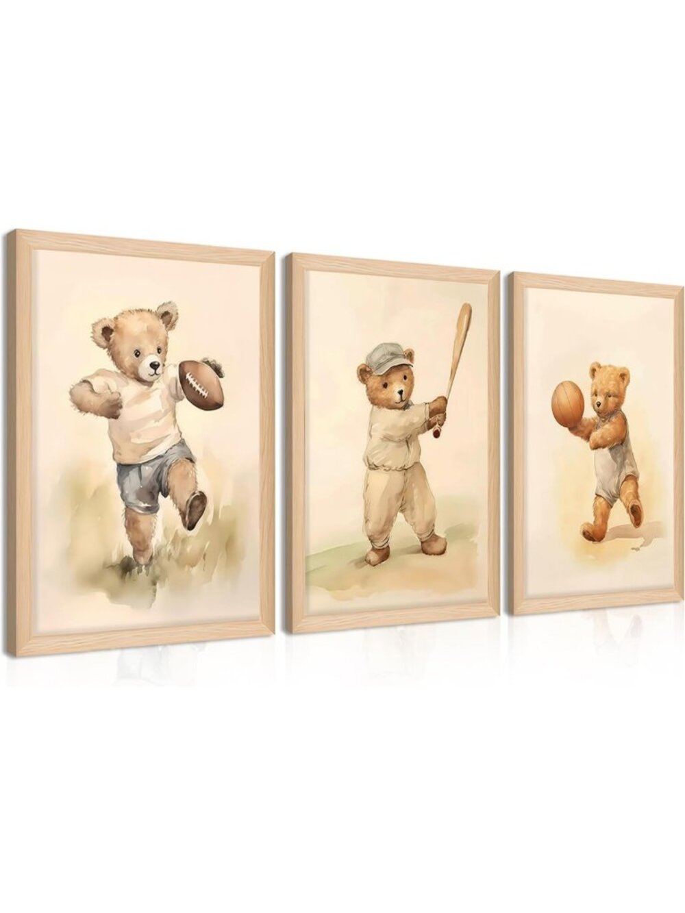 Cute Vintage Bear Wall Art Set of 3, Nursery Decor, Animal Canvas Prints for